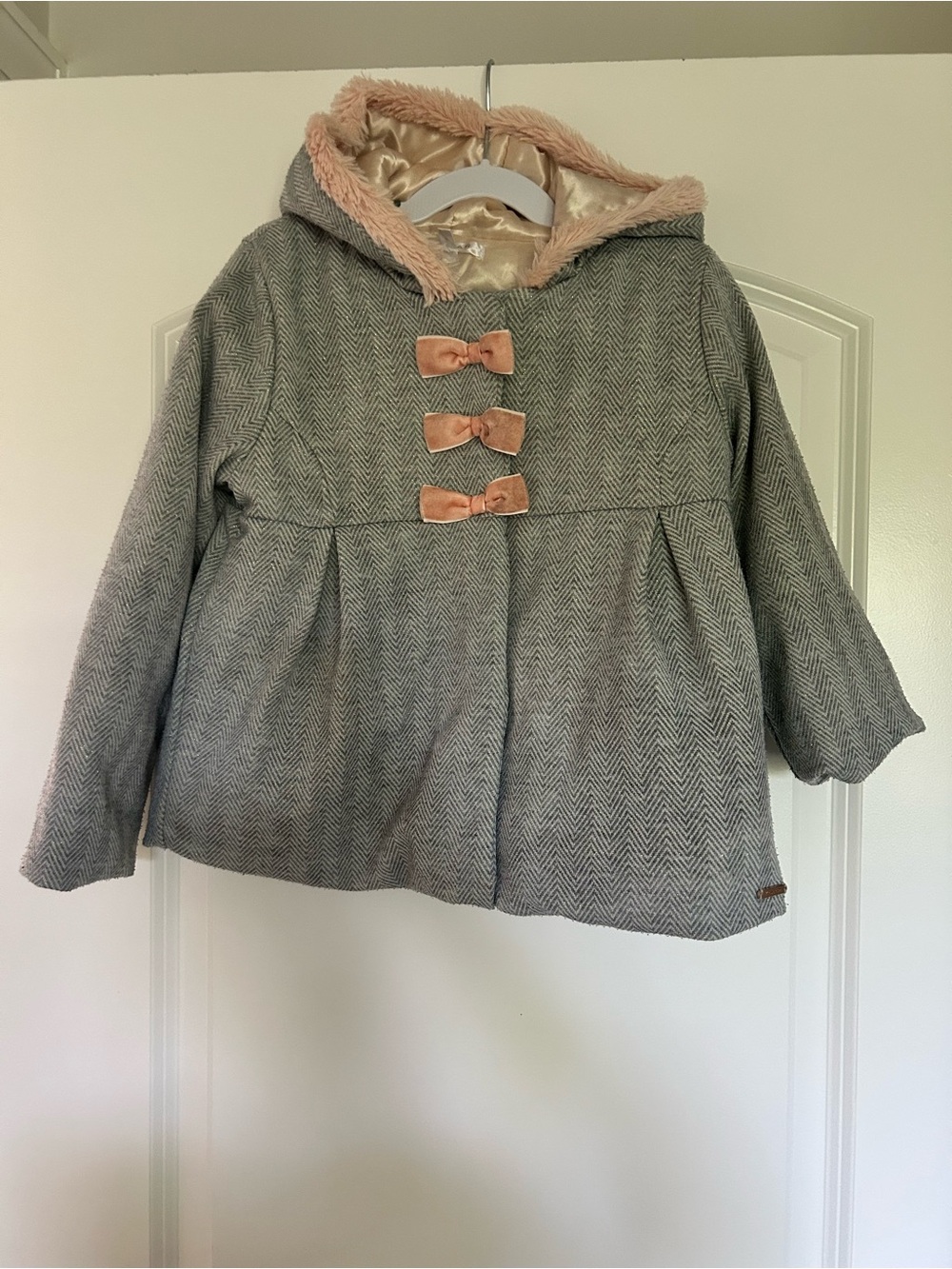 Tahari Gray Herringbone Girls' Pea Coat with Pink Trim